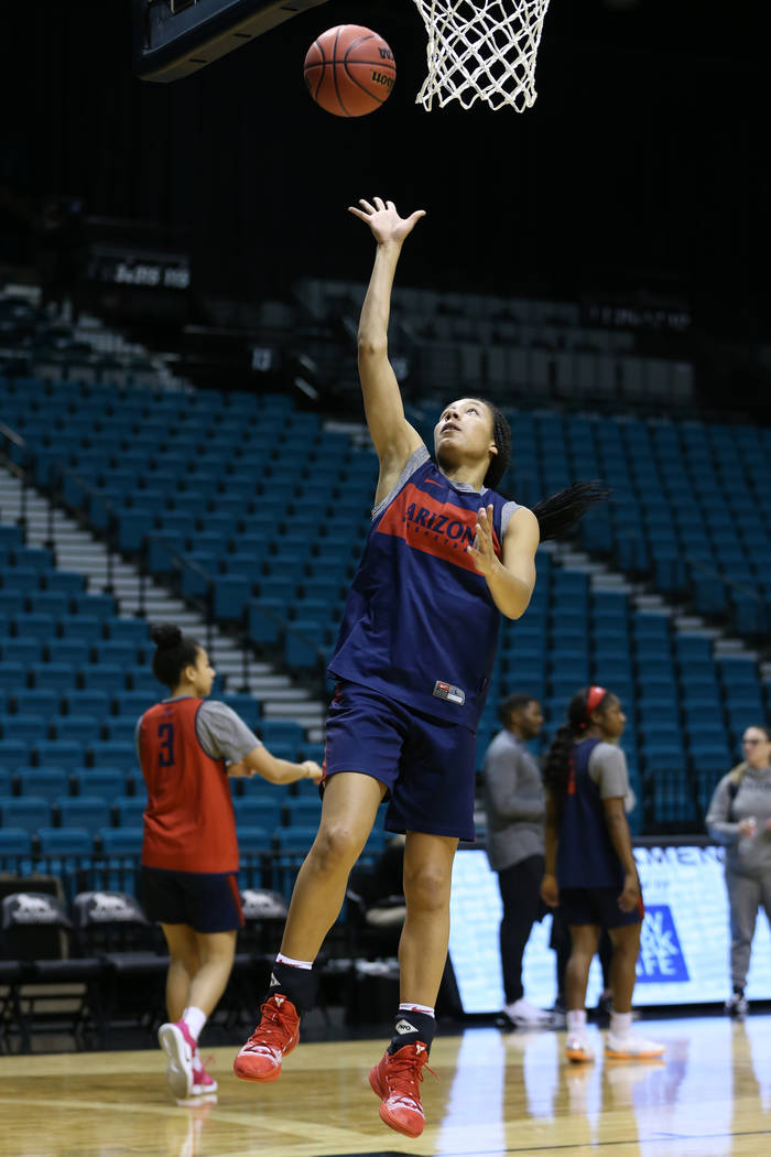 Arizona Wildcats sophomore guard Sam Thomas shoots the ball during a team practice at MGM Grand Garden Arena in Las Vegas, Wednesday, March 6, 2019. Thomas is a graduate of Centennial High School ...
