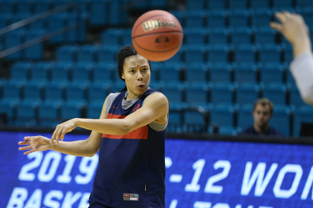 Arizona Wildcats sophomore guard Sam Thomas makes a pass during a team at MGM Grand Garden Arena in Las Vegas, Wednesday, March 6, 2019. Thomas is a graduate of Centennial High School in Las Vegas ...