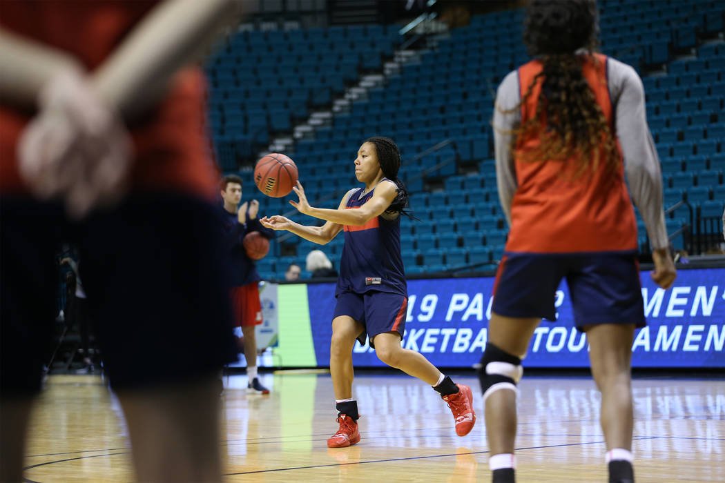Arizona Wildcats sophomore guard Sam Thomas makes a pass during a team at MGM Grand Garden Arena in Las Vegas, Wednesday, March 6, 2019. Thomas is a graduate of Centennial High School in Las Vegas ...