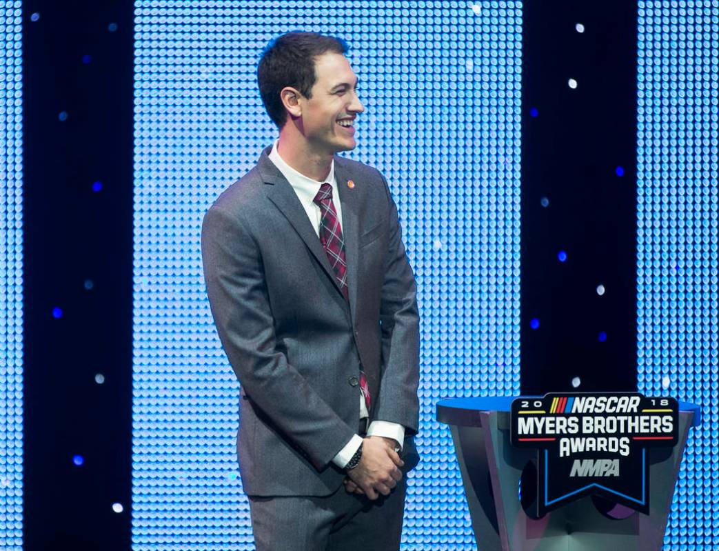 Joey Logano shares a laugh with the audience after receiving the Diamond Performance Award during the NASCAR NMPA Myers Brothers Awards at Encore Theater on Wednesday, Nov. 28, 2018, at Wynn Las V ...