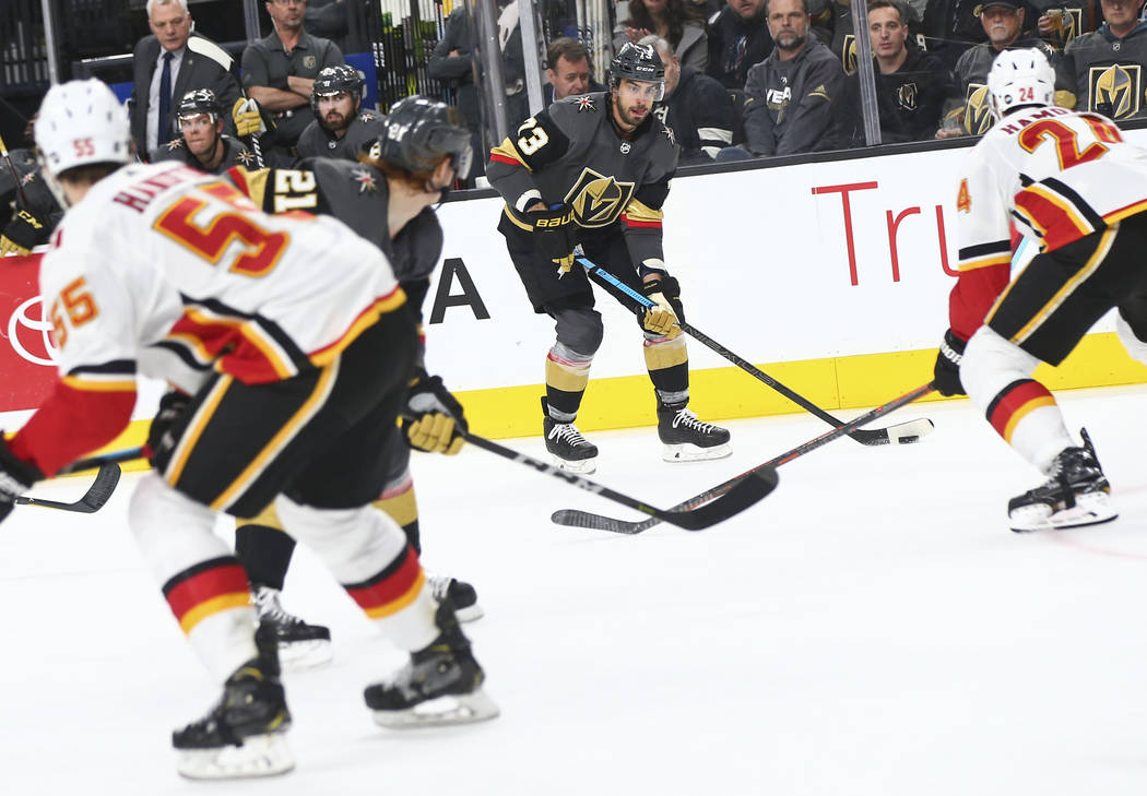 Golden Knights center Brandon Pirri (73) lines up a shot during the second period of an NHL hockey game against the Calgary Flames at T-Mobile Arena in Las Vegas on Wednesday, March 6, 2019. (Chas ...