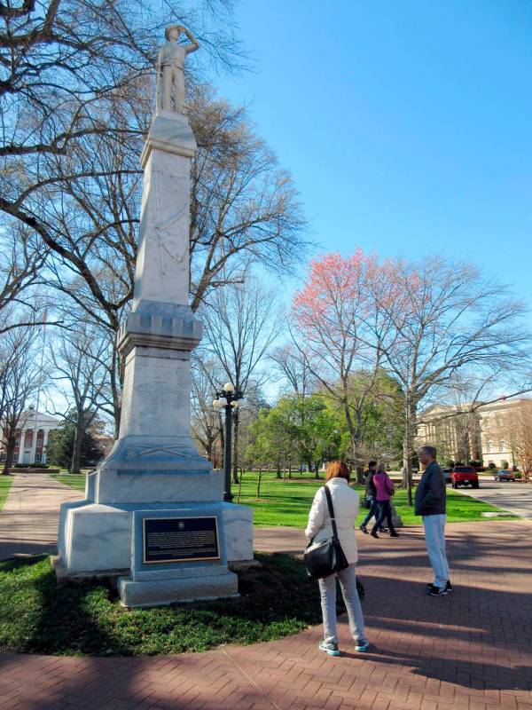This March 12, 2017, file photo shows a statue of a Confederate soldier on the campus of the University of Mississippi in Oxford, Miss. University of Mississippi student government groups are call ...