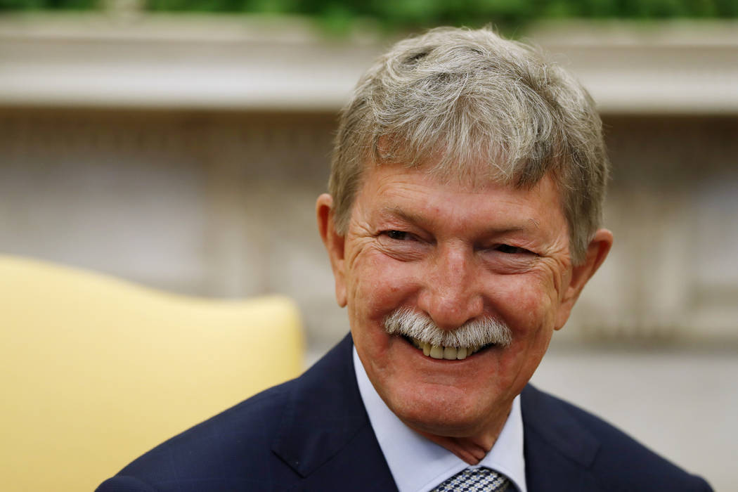 Former U.S. hostage in Yemen, Danny Burch, smiles during his meeting with President Donald Trump, Wednesday, March 6, 2019, in the Oval Office of the White House in Washington. (AP Photo/Jacquelyn ...