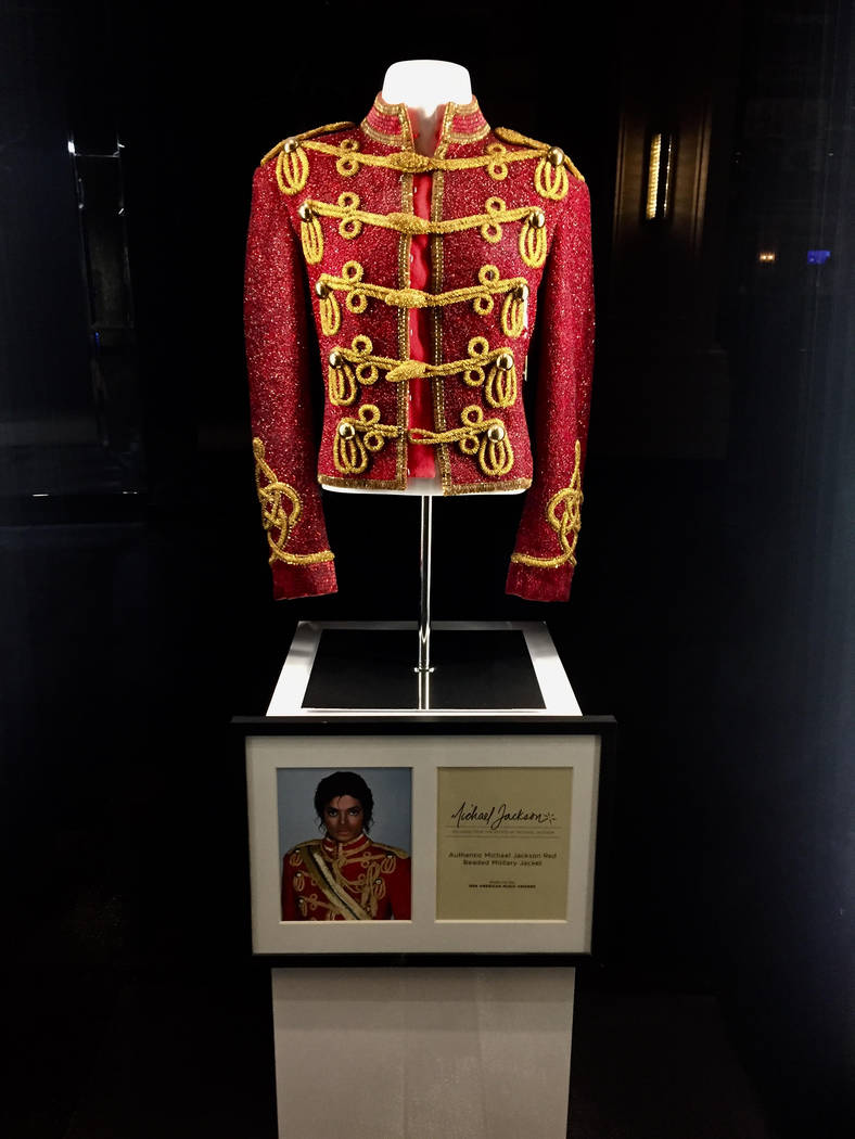Michael Jackson memorabilia on display outside the "Michael Jackson One" showroom at Mandalay Bay. (Las Vegas Review-Journal)