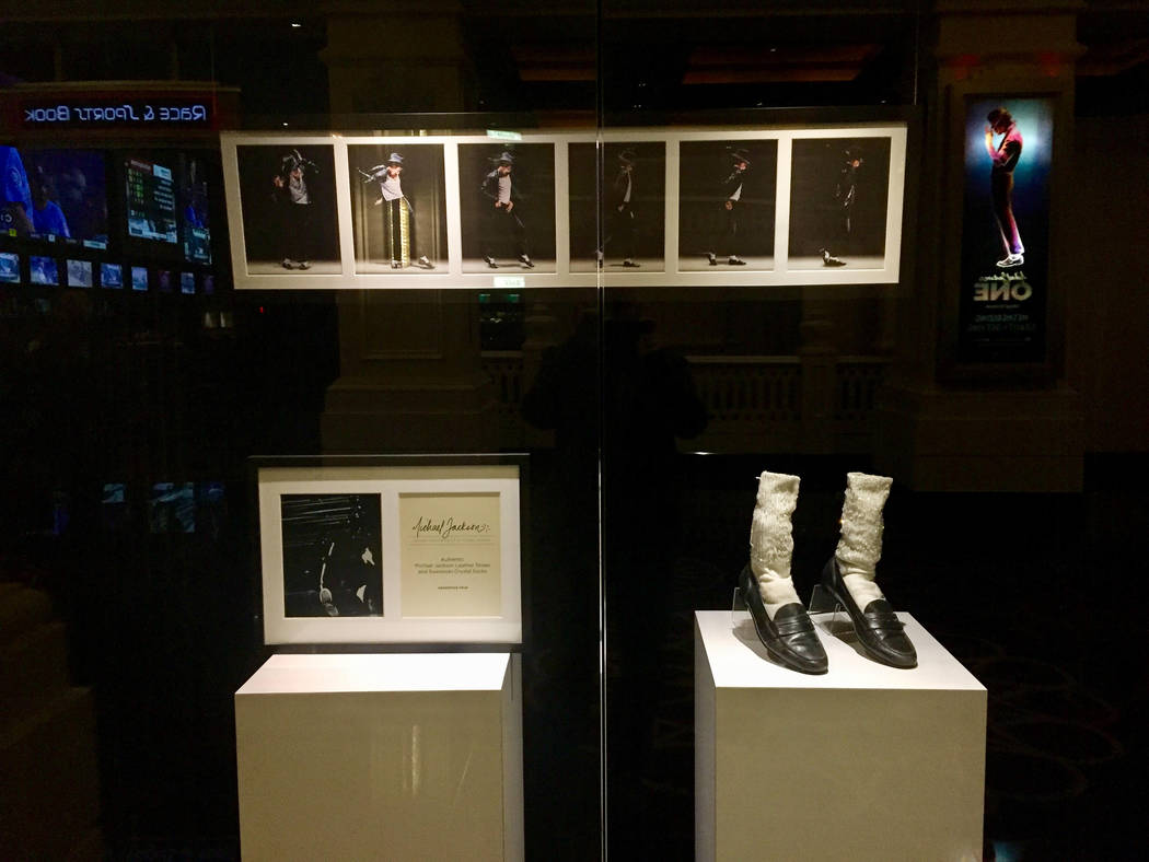 Michael Jackson memorabilia on display outside the "Michael Jackson One" showroom at Mandalay Bay. (Las Vegas Review-Journal)