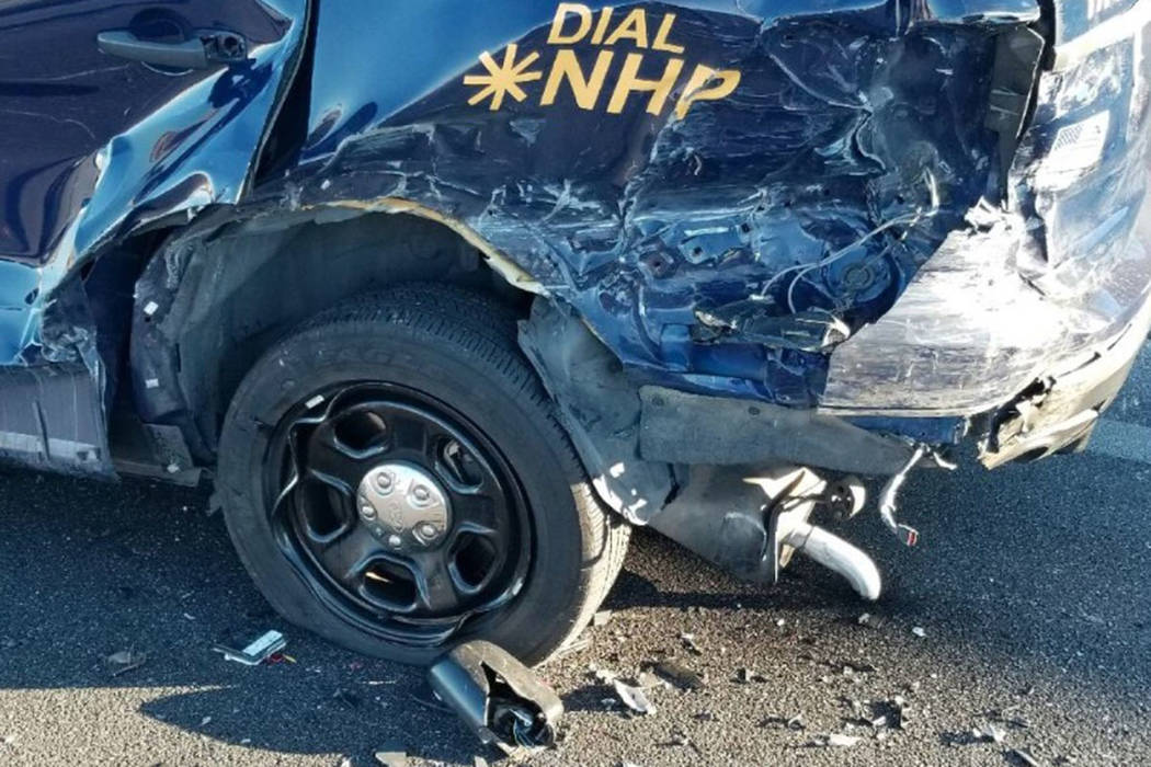 A Nevada Highway Patrol car was involved in a crash Saturday, Feb. 16, 2019. (NHP Southern Command/Twitter)