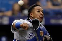 Kansas City Royals catcher Salvador Perez throws out Tampa Bay Rays' Kevin Kiermaier at first on a slowly rolling ground ball during the fifth inning of a baseball game in St. Petersburg, Fla. on ...