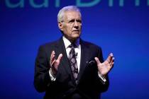 Moderator Alex Trebek speaks during a gubernatorial debate between Democratic Gov. Tom Wolf and Republican Scott Wagner in Hershey , Pa., Monday, Oct. 1, 2018. The debate is hosted by the Pennsylv ...