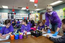 Nikki McGuire teaches her kindergarten students during a class at Staton Elementary in Las Vegas, Tuesday, March 5, 2019. Every Tuesday the school wears "Hope for Nikki" shirts to show t ...