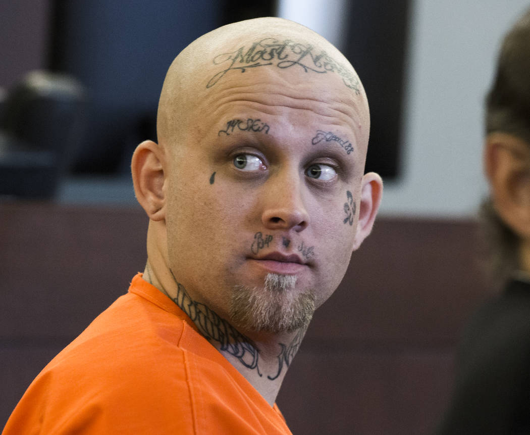 Bayzle Morgan, facing the death penalty in the slaying of a 75-year-old woman, during his murder trial at Regional Justice Center on Friday, Oct 14, 2016. The court ruled that the swastika tattoo ...
