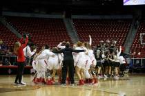 Fresno State Bulldogs, left, and UNLV Lady Rebels prepare for their quarterfinal game of the Mountain West women's basketball tournament at the Thomas & Mack Center in Las Vegas Monday, March ...