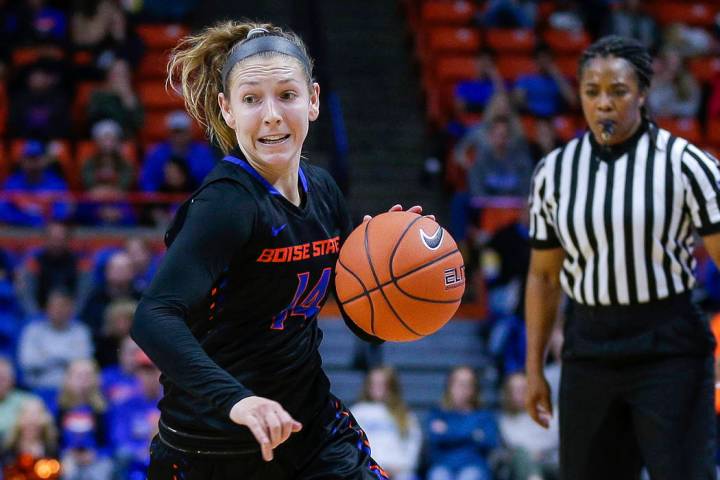 Boise State guard Marta Hermida (20) drives with the ball against Louisville in the second half of an NCAA college basketball game, Monday, Nov. 19, 2018, in Boise, Idaho. (AP Photo/Steve Conner)