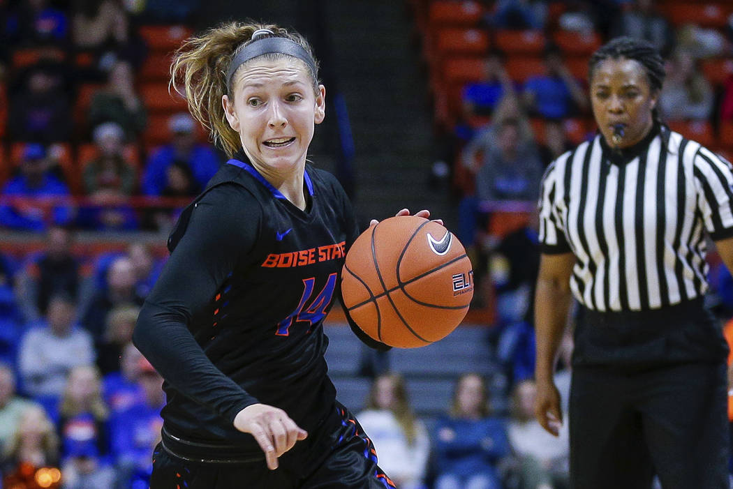 Boise State guard Marta Hermida (20) drives with the ball against Louisville in the second half of an NCAA college basketball game, Monday, Nov. 19, 2018, in Boise, Idaho. (AP Photo/Steve Conner)