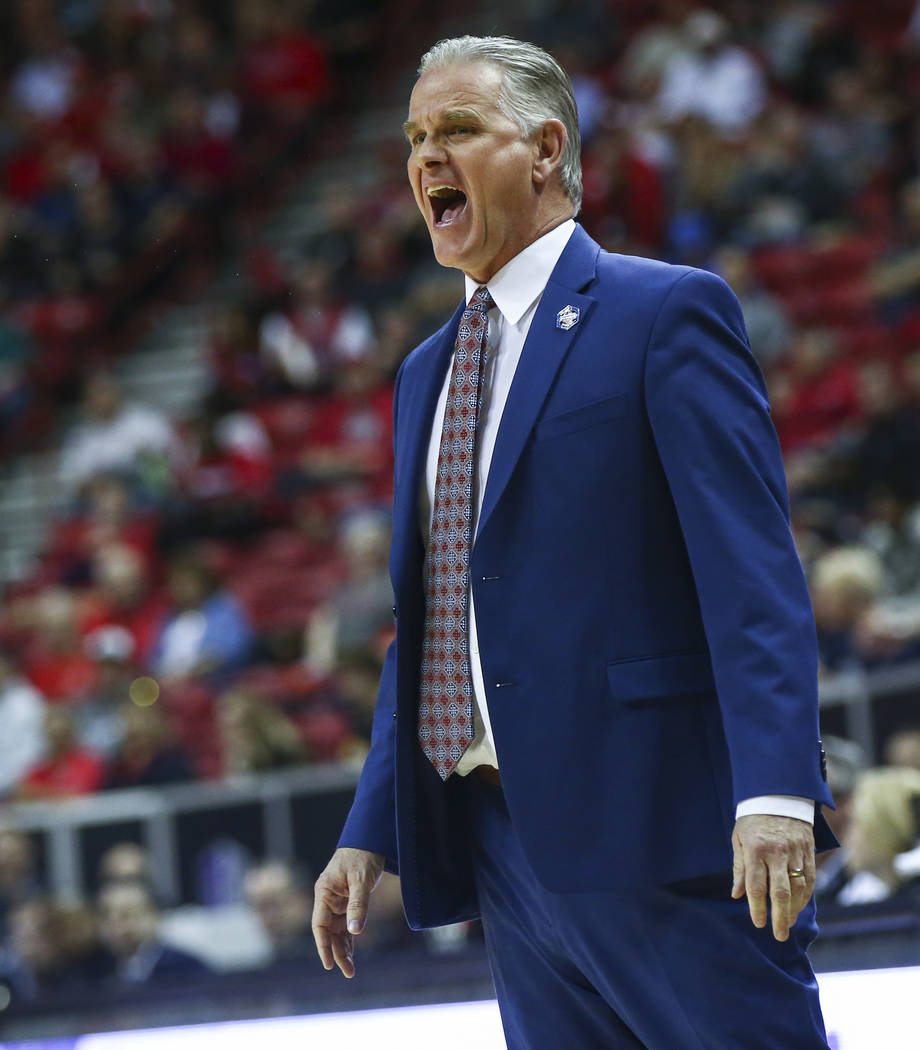 San Diego State Aztecs head coach Brian Dutcher reacts during the first half of a quarterfinal game against UNLV in the Mountain West men's basketball tournament at the Thomas & Mack Center San Diego State Aztecs head coach Brian Dutcher reacts during the first half of a quarterfinal game against UNLV in the Mountain West men's basketball tournament at the Thomas & Mack Center