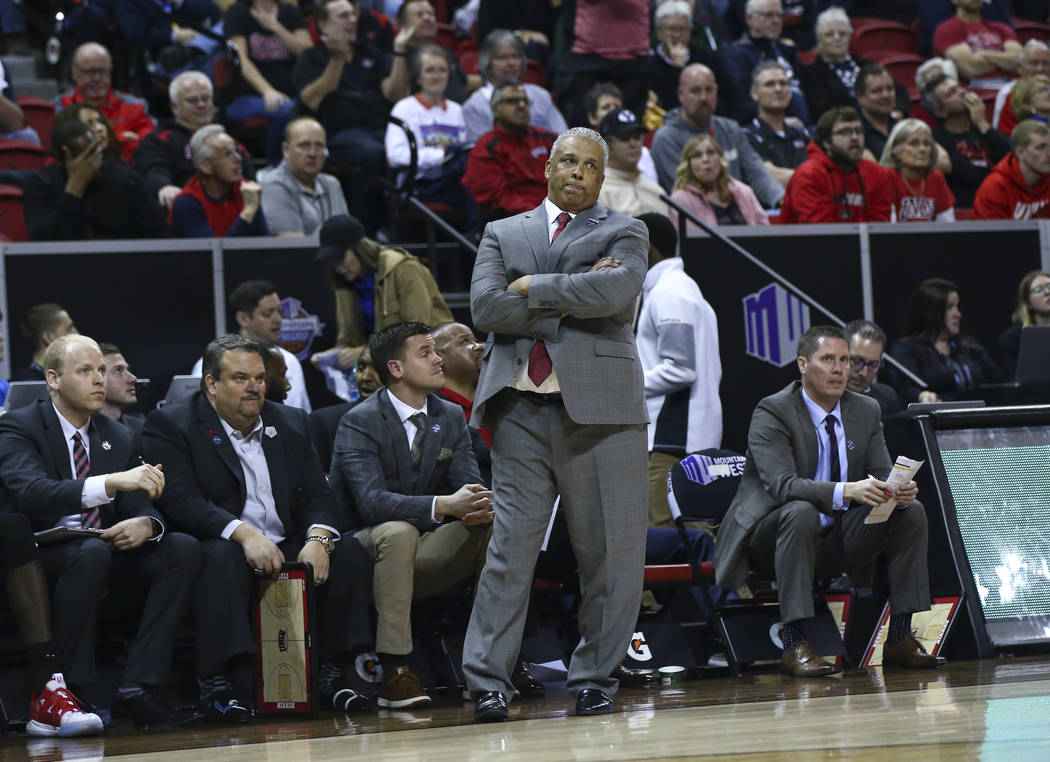 UNLV Rebels head coach Marvin Menzies reacts during the second half of a quarterfinal game against San Diego State in the Mountain West men's basketball tournament at the Thomas & Mack Center ...