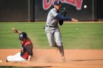 UNR infielder Wyatt Tilley (7) throws the ball to first base after getting out UNLV first baseman Jack-Thomas Wold (19) at second base in the ninth inning during an NCAA baseball game at Earl E. W ...