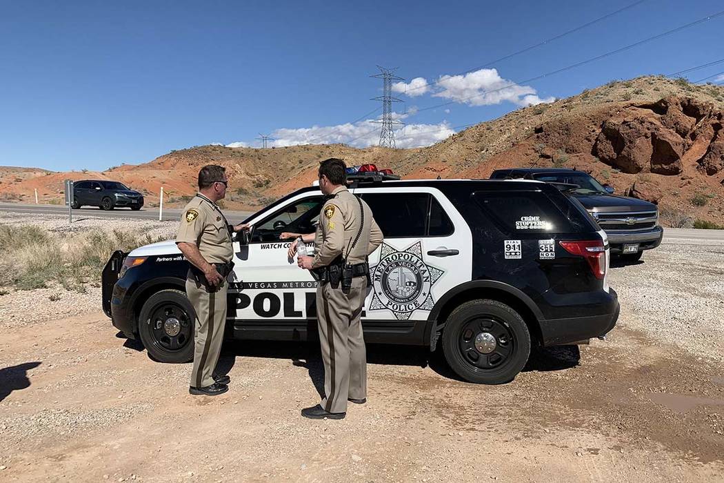 Las Vegas police are investigating after a person was found dead under suspicious circumstances in the desert near the Lake Mead National Recreation Area, Thursday, March 7, 2019. (Mat Luschek/Las ...