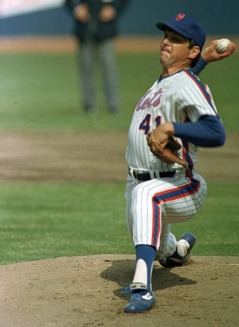FILE - In this April 5, 1983 file photo, New York Mets pitcher Tom Seaver throws against the Philadelphia Phillies at Shea Stadium in New York. Seaver has been diagnosed with dementia and has reti ...