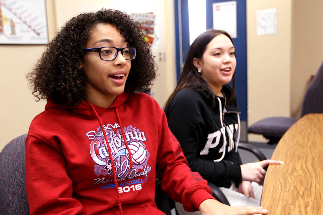 Cheyenne High School junior Miya Burns, 17, left, and junior Alanna Keen, 16, talk about the North Las Vegas school's student-run restorative justice program Wednesday, Feb. 21, 2018. Burns and Ke ...