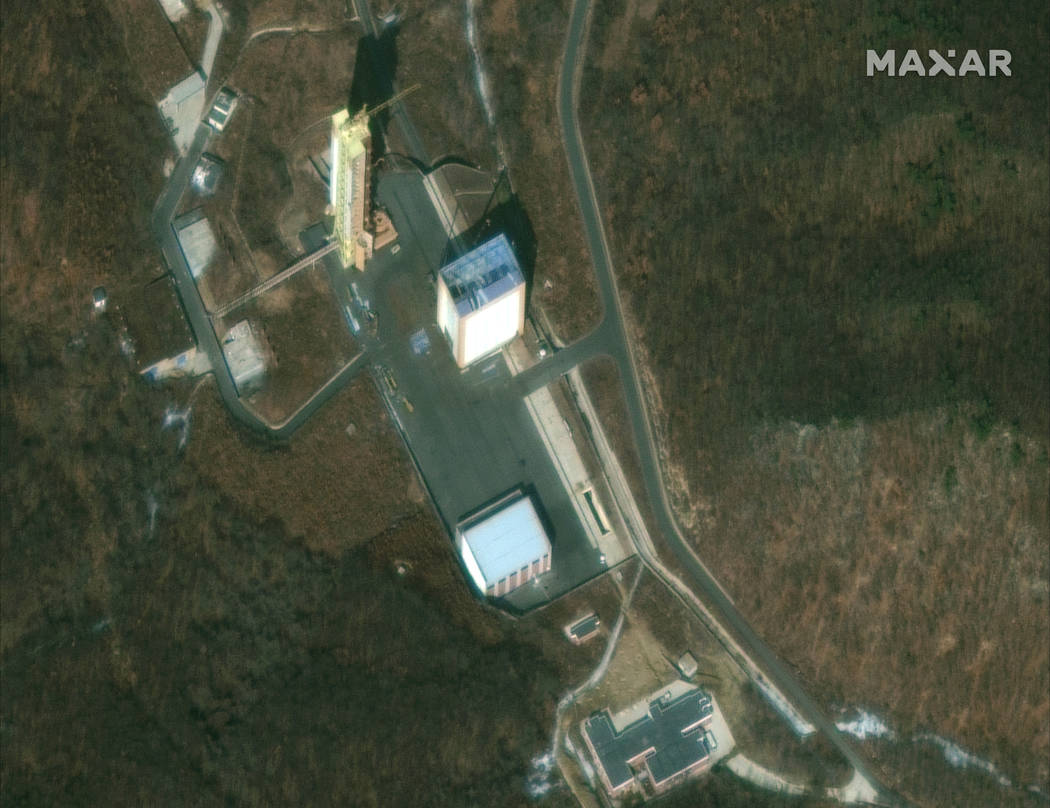 This satellite image provided by DigitalGlobe captured on March 2, 2019, and shows the launch tower at the Sohae Satellite Launch Facility in Tongchang-ri, North Korea. North Korea is restoring fa ...
