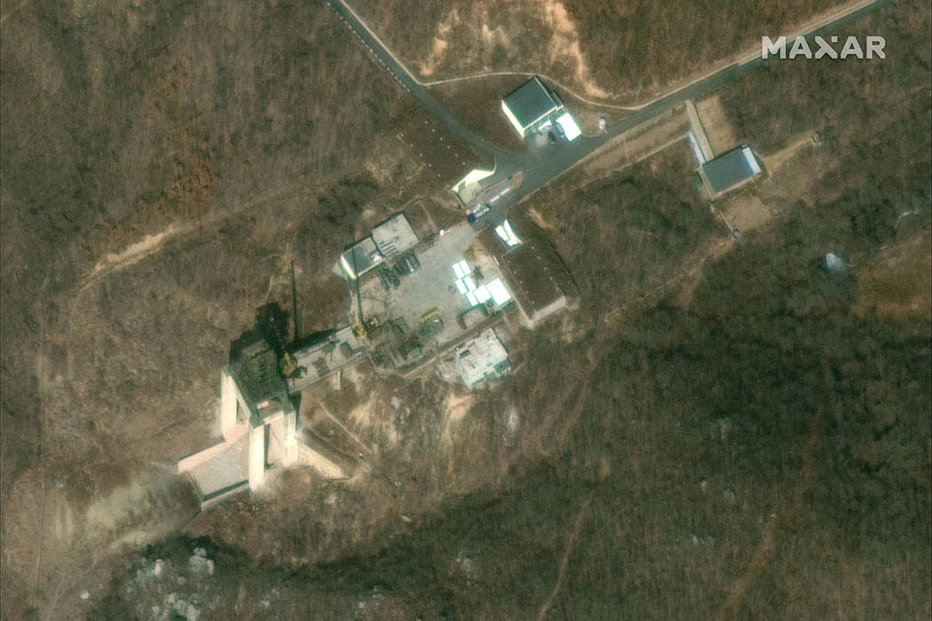 This satellite image provided by DigitalGlobe, was captured on March 2, 2019, and shows the rocket test stand at the Sohae Satellite Launch Facility in Tongchang-ri, North Korea. North Korea is re ...