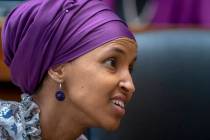 Rep. Ilhan Omar, D-Minn., sits with fellow Democrats on the House Education and Labor Committee during a bill markup, on Capitol Hill in Washington, Wednesday, March 6, 2019. Omar stirred controve ...