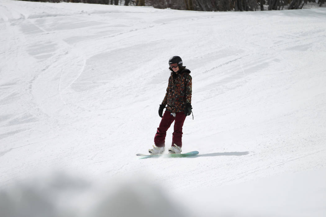 A person snowboards down a hill at Lee Canyon in Las Vegas, Friday, March 8, 2019. Erik Verduzco Las Vegas Review-Journal @Erik_Verduzco