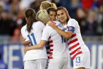 United States' Tobin Heath, second from right, is congratulated on her goal by Mallory Pugh (11), Megan Rapinoe and Alex Morgan (13) during the first half of a SheBelieves Cup soccer match against ...
