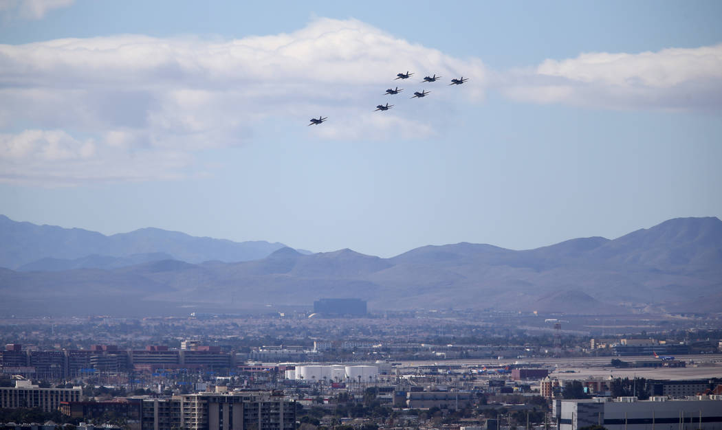 The U.S. Navy Blue Angels fly over McCarran International Airport in Las Vegas Friday, March 8, 2019. (K.M. Cannon/Las Vegas Review-Journal) @KMCannonPhoto