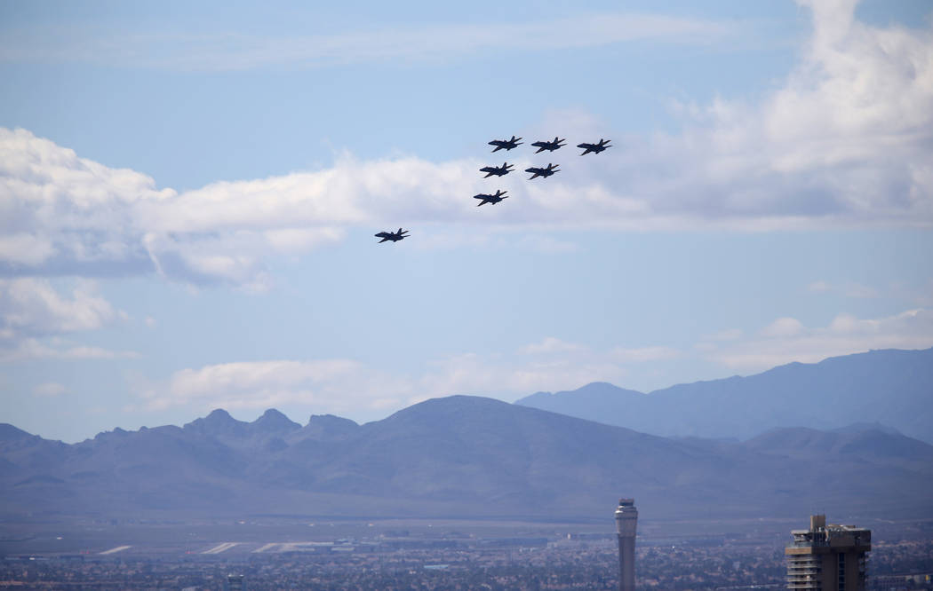 The U.S. Navy Blue Angels fly over McCarran International Airport in Las Vegas Friday, March 8, 2019. (K.M. Cannon/Las Vegas Review-Journal) @KMCannonPhoto