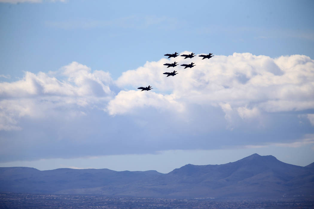 The U.S. Navy Blue Angels fly over Las Vegas Friday, March 8, 2019. (K.M. Cannon/Las Vegas Review-Journal) @KMCannonPhoto