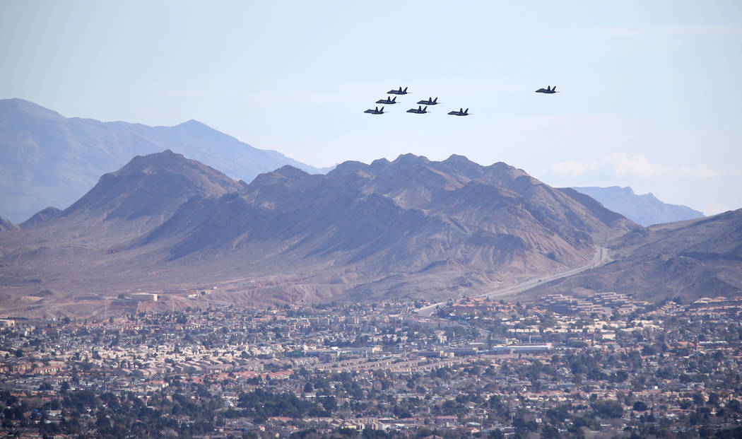 The U.S. Navy Blue Angels fly over east Las Vegas, Friday, March 8, 2019. (K.M. Cannon/Las Vegas Review-Journal) @KMCannonPhoto