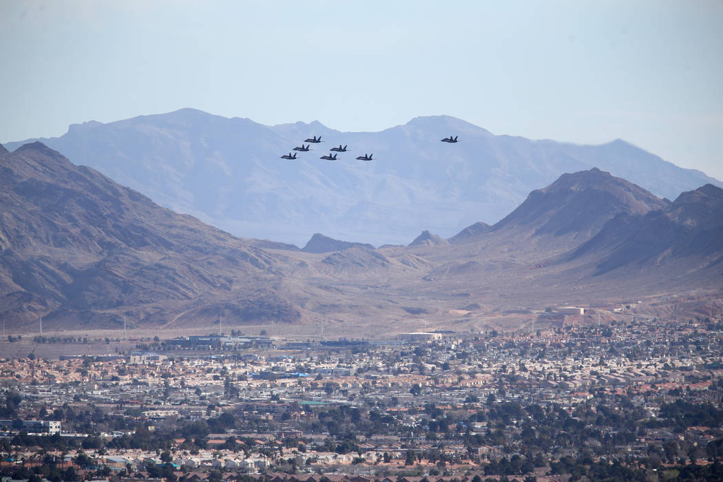 The U.S. Navy Blue Angels fly over east Las Vegas, Friday, March 8, 2019. (K.M. Cannon/Las Vegas Review-Journal) @KMCannonPhoto