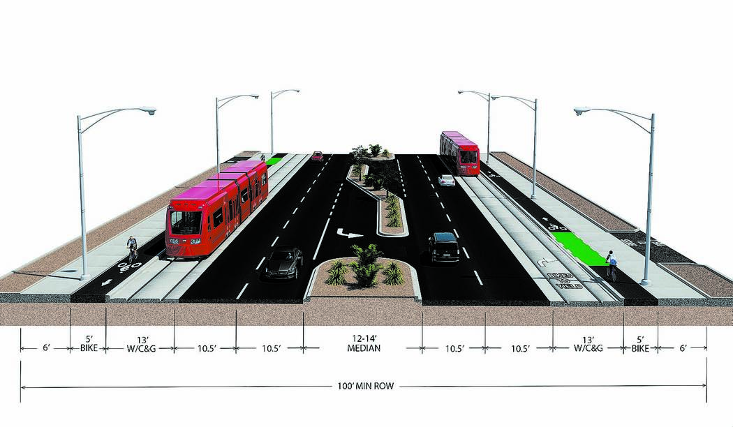 A proposed light-rail line would share curbside lanes with vehicles traveling on Maryland Parkway. The trains might not require the use of overhead electrical lines to operate. Instead, the line c ...