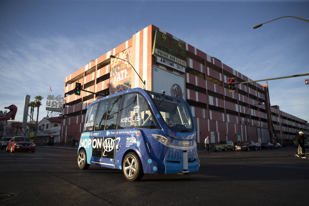 A self-driving vehicle tours people in downtown Las Vegas near the Container Park, Thursday, Nov. 9, 2017. Erik Verduzco Las Vegas Review-Journal @Erik_Verduzco