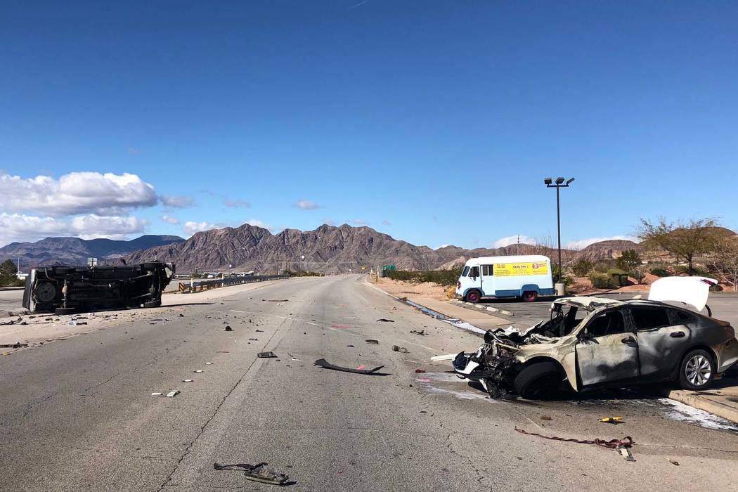 The Nevada Highway Patrol says one person was killed in a two-vehicle crash on U.S. Highway 93 near Boulder City, Thursday, March 7, 2019. (Nevada Highway Patrol)