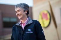 Secretary of the Air Force Heather Wilson speaks with news media during her visit to Nellis Air Force Base in Las Vegas on Friday, Feb. 8, 2019. (Chase Stevens/Las Vegas Review-Journal) @csstevens ...