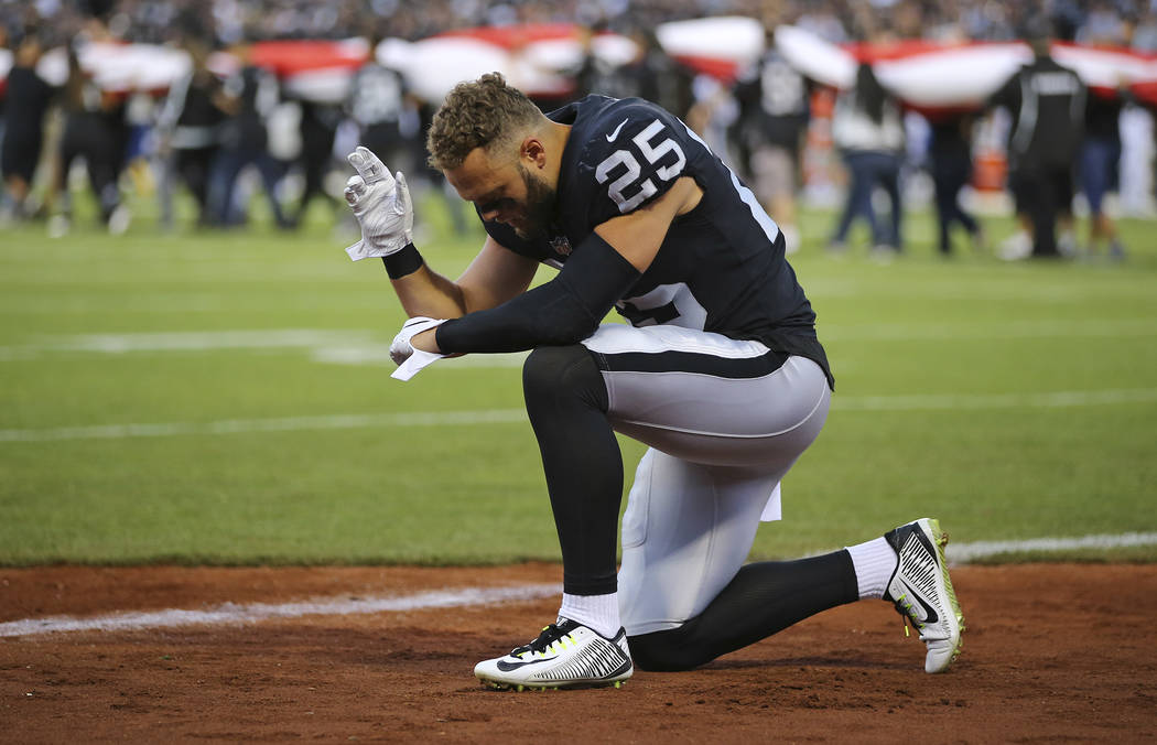 Oakland Raiders defensive back Erik Harris before the start of an NFL football game against the Los Angeles Rams in Oakland, Calif., Monday, Sept. 10, 2018. (AP Photo/John Hefti)