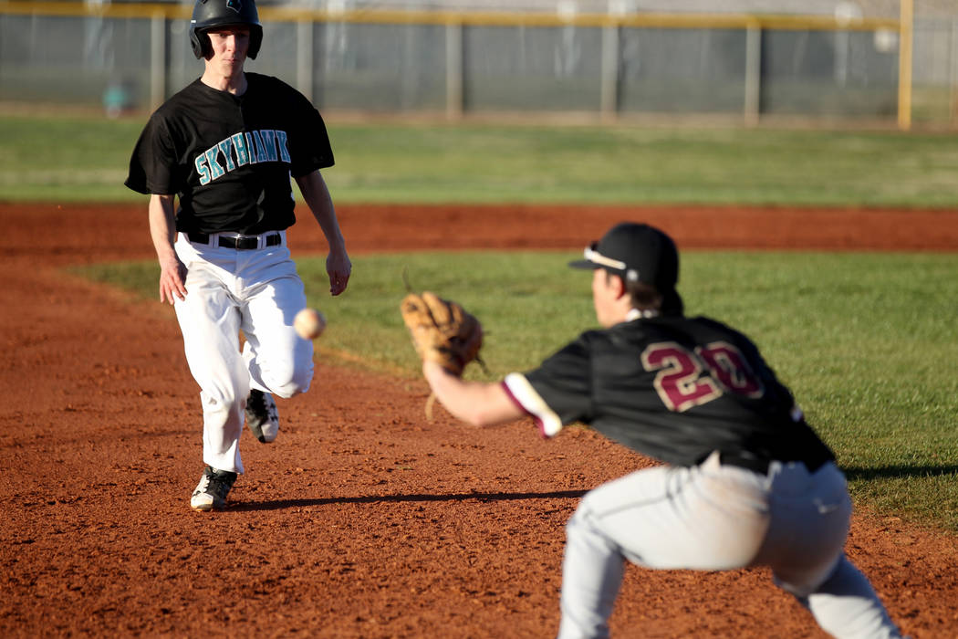 Faith Lutheran third baseman Dylan Howell (20) prepares to tag out Silverado baserunner Andrew Maxwell (5) during a baseball game at Silverado High School in Las Vegas Friday, March 8, 2019. (K.M. ...