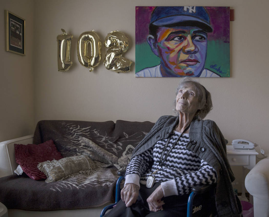 Julia Ruth Stevens, 102, the daughter of New York Yankee Hall of Fame slugger Babe Ruth, on Saturday Feb. 2, 2019, at Stevens' home, in the Las Vegas Valley. (Benjamin Hager/Las Vegas Review-Journ ...