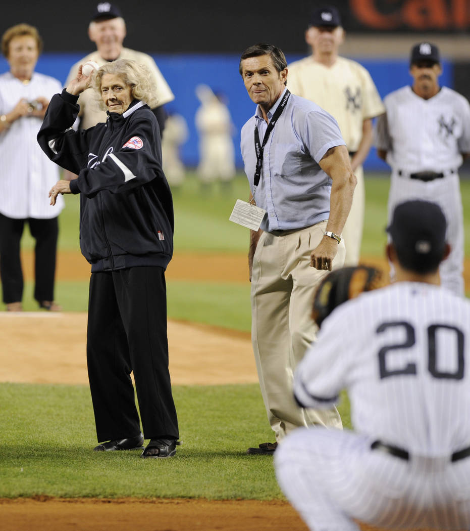 FILE*** Julia Ruth Stevens, the daughter of former New York Yankee Babe Ruth, throws a pitch to Yankees catcher Jorge Posada during ceremonies at Yankee Stadium in New York on Sunday, Sept. 21, 20 ...