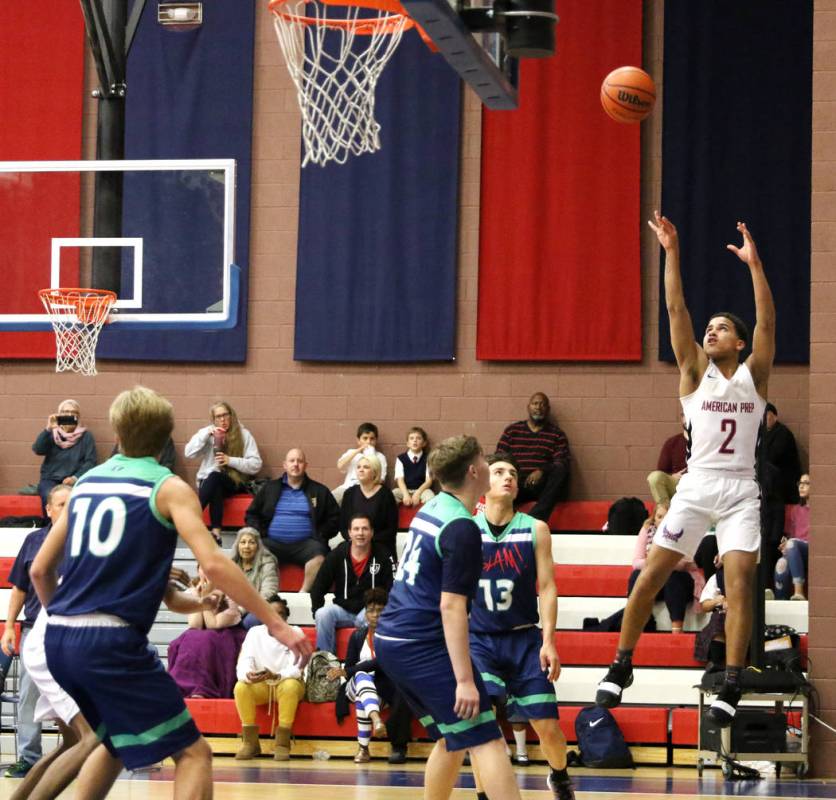 Jaycob Bath (2) shoots the basketball during a game against SLAM Academy at American Preparatory Academy in Las Vegas, Thursday, Jan. 17, 2019. (Heidi Fang /Las Vegas Review-Journal) @HeidiFang