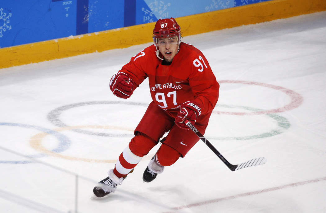Russian athlete Nikita Gusev celebrates after scoring a goal during the third period of the men's gold medal hockey game against Germany at the 2018 Winter Olympics, Sunday, Feb. 25, 2018, in Gang ...