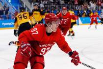 Russian athlete Nikita Gusev (97) reacts after scoring a goal during the third period of the men's gold medal hockey game against Germany at the 2018 Winter Olympics, Sunday, Feb. 25, 2018, in Gan ...