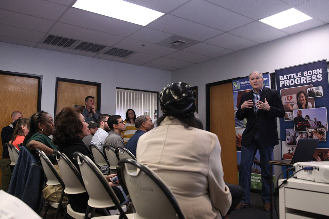 Washington Gov. Jay Inslee, a Democratic presidential candidate, speaks on climate change at the Nevada Conservation League offices in Las Vegas, Saturday, March 9, 2019. Erik Verduzco Las Vegas R ...