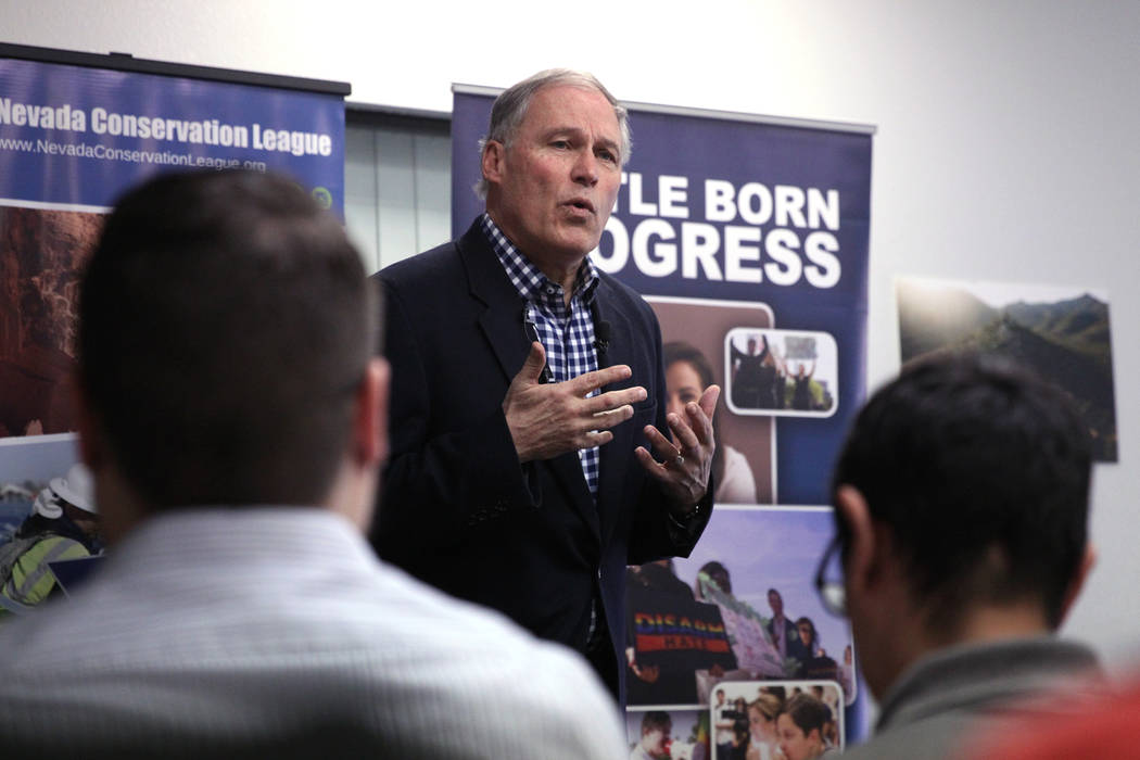 Washington Gov. Jay Inslee, a Democratic presidential candidate, speaks on climate change at the Nevada Conservation League offices in Las Vegas, Saturday, March 9, 2019. Erik Verduzco Las Vegas R ...
