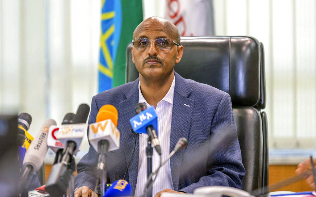 Ethiopian Airlines CEO Tewolde Gebremariam holds a press briefing at the headquarters of Ethiopian Airlines in Addis Ababa, Ethiopia, Sunday, March 10, 2019. An Ethiopian Airlines flight crashed s ...