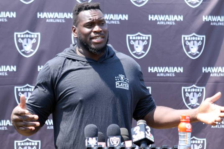 Oakland Raiders offensive tackle Kelechi Osemele answers questions from reporters at the team's NFL training camp in Napa, Calif., Saturday, July 28, 2018. Heidi Fang Las Vegas Review-Journal @Hei ...