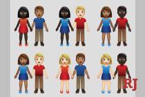 This undated illustration provided by Tinder/Emojination shows new variations of interracial emoji couples. (Tinder/Emojination via AP)
