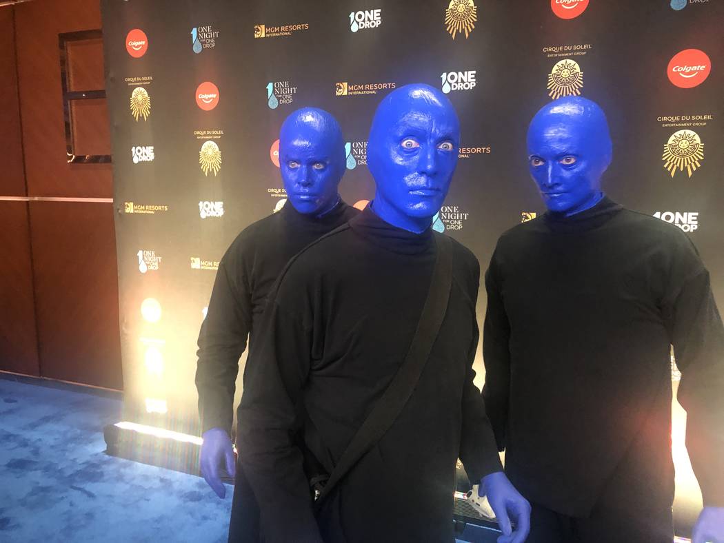 The Blue Man Group is shown on the Blue Carpet prior to "One Night For One Drop," held at O Theater at the Bellagio on Friday, March 8, 2019.( John Katsilometes/Las Vegas Review-Journal @JohnnyKats